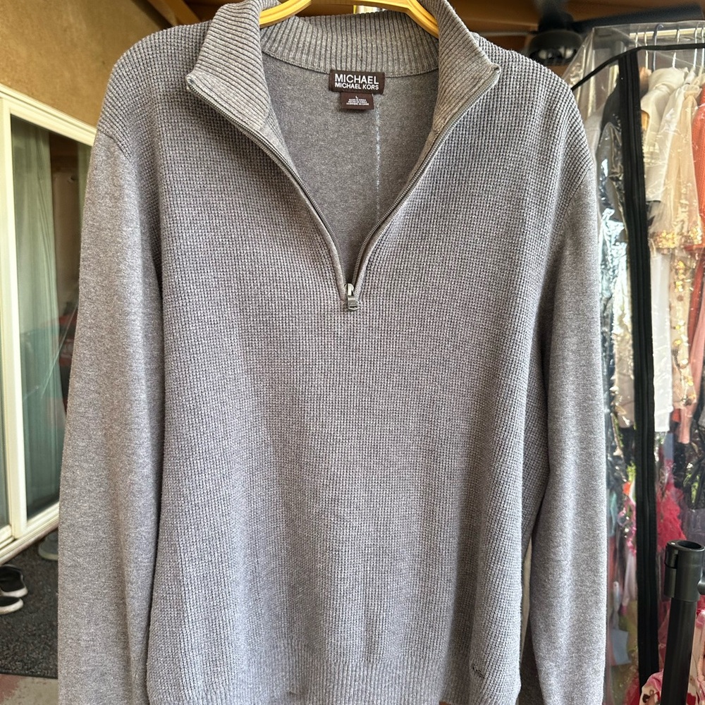 Michael Kors Men's Light Gray Zip Mock Neck Sweater